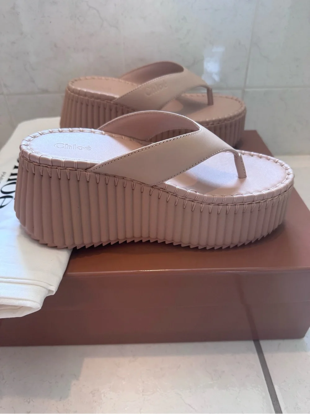 Chloé Nama Wedge Platform Slides Toasted Brown Leather Size 36
